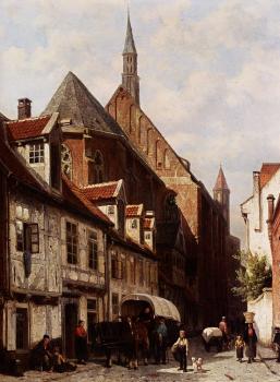 Cornelis Springer : A Busy Street In Bremen With The Saint Johann Church In The Background